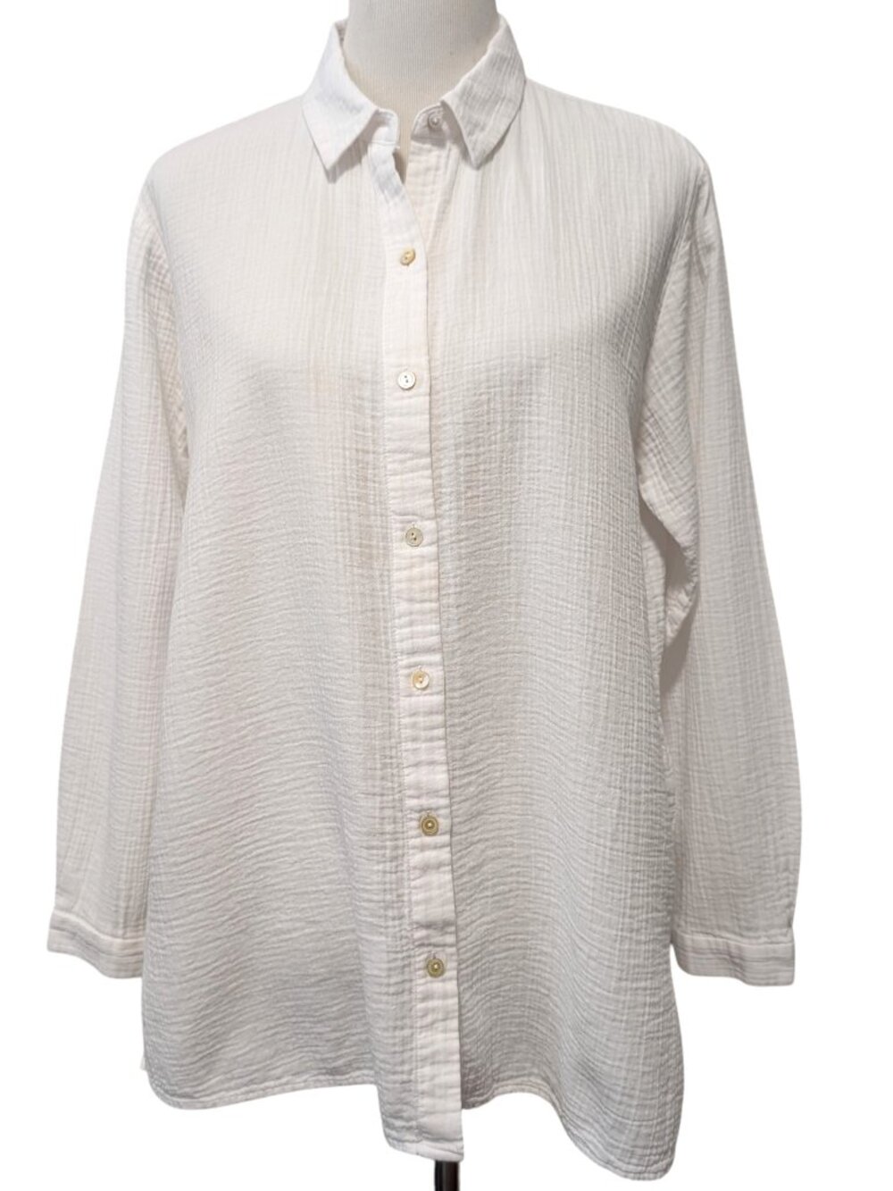 Eileen Fisher Womens Sz M White Organic Cotton Button Up L/S Classic Blouse Top